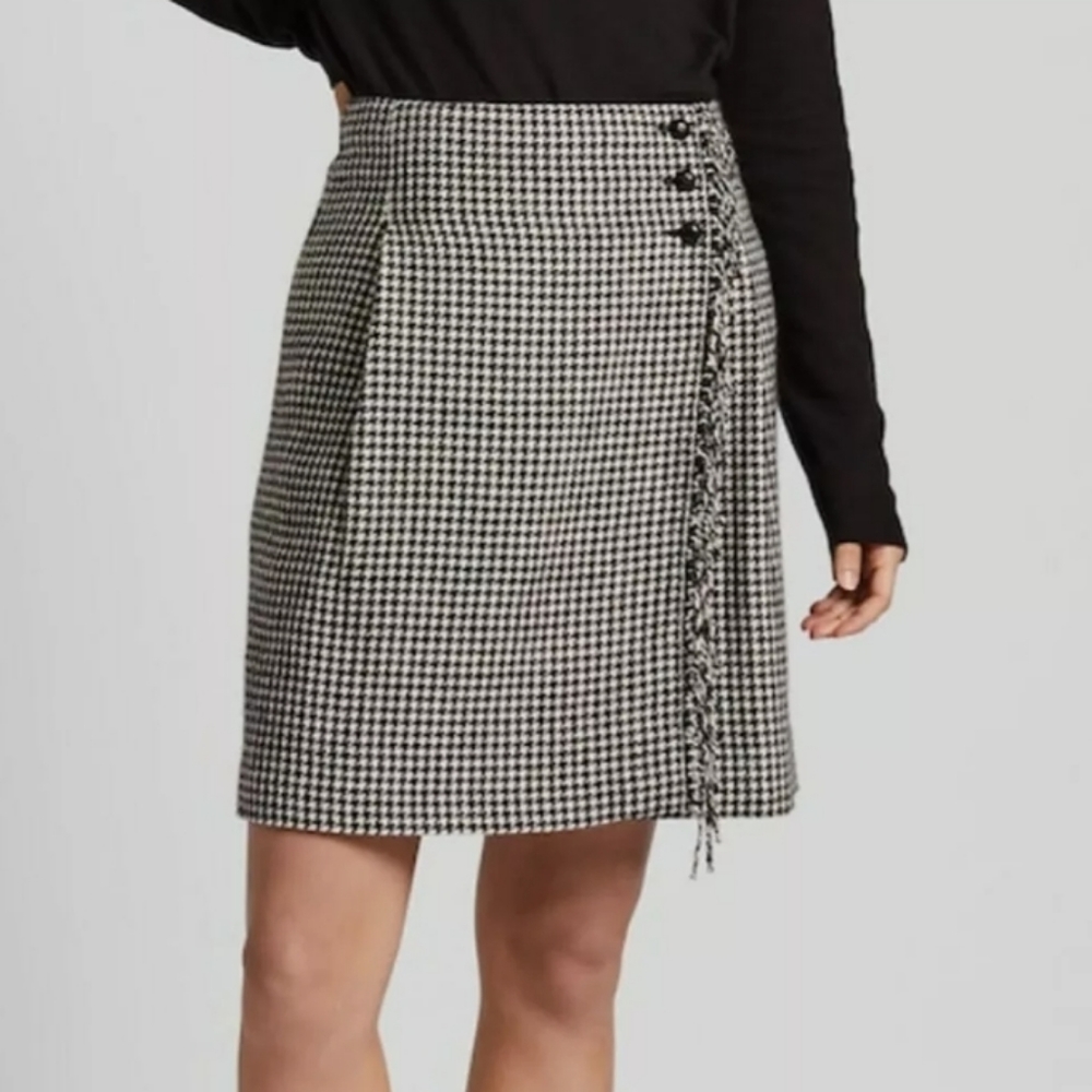 INES DE LA FRESSANGE x UNIQLO Wool Blend Houndstooth Wrap Fringe Skirt Sz 6
